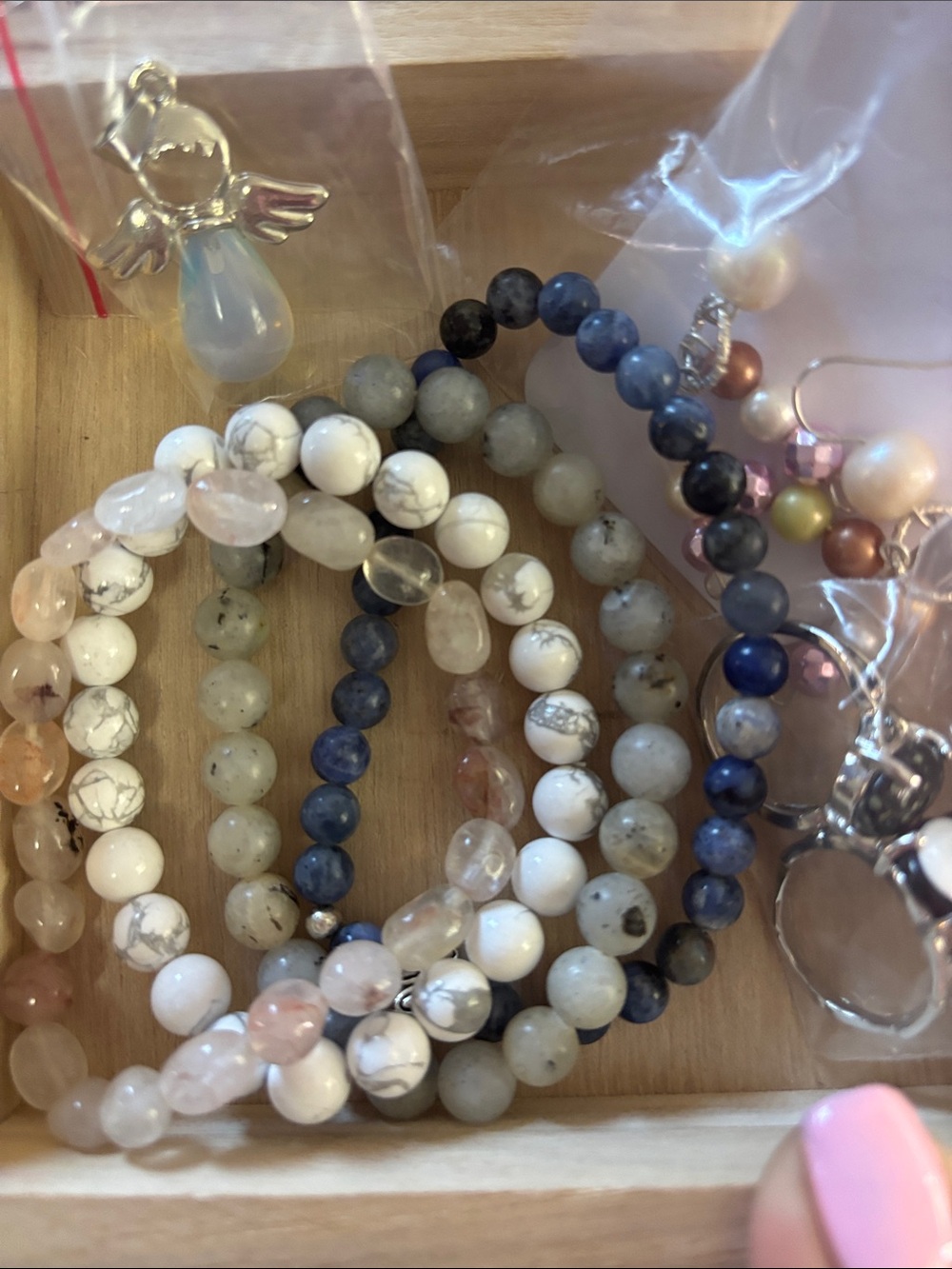 Beaded Stretch Bracelet Stack in White, Blue and Pink Bundle #2